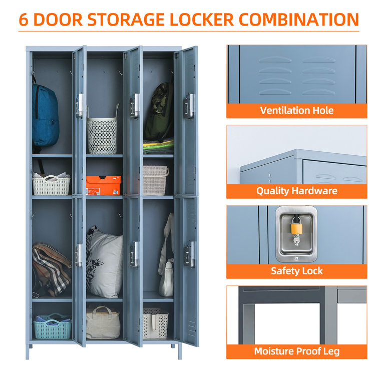 Jazmany Steel Lockers, Six Door Metal Storage Closets with Hooks for  School, Gym, Home, Office